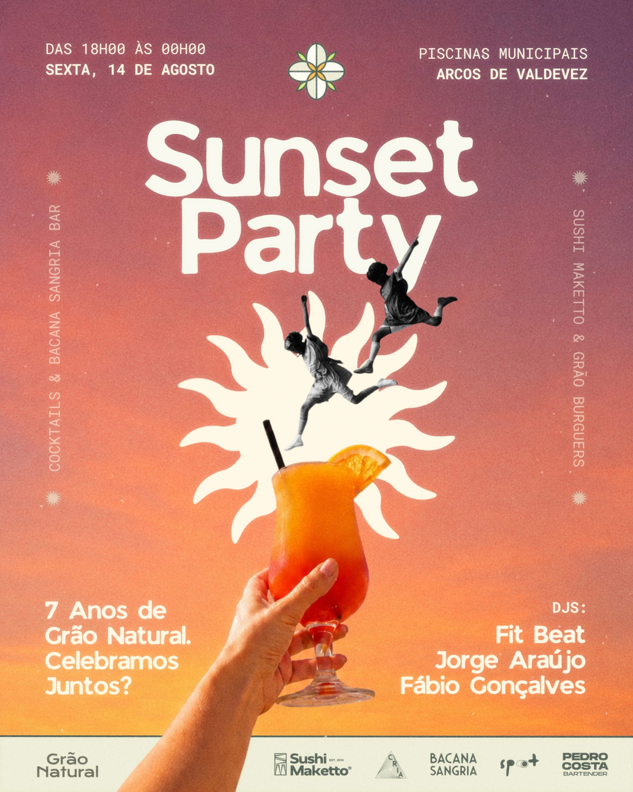 O Sunset mais esperado do verão está de volta! 🌞🌅🪩
São 7 anos de Grão Natural e a festa só faz sentido contigo. ❤️🔥
✨ Boa música, cocktails, sushi, hambúrgueres, animação e muitas surpresas esperam por ti no dia 14 de agosto, das 18h00 às 00h00, nas Piscinas Municipais de Arcos de Valdevez.
A entrada é gratuita. Tu só tens de aparecer e trazer boa disposição! Celebramos juntos? 🥂
#sunsetgraonatural #graonatural #sunsetparty #festadeverão #arcosdevaldevez