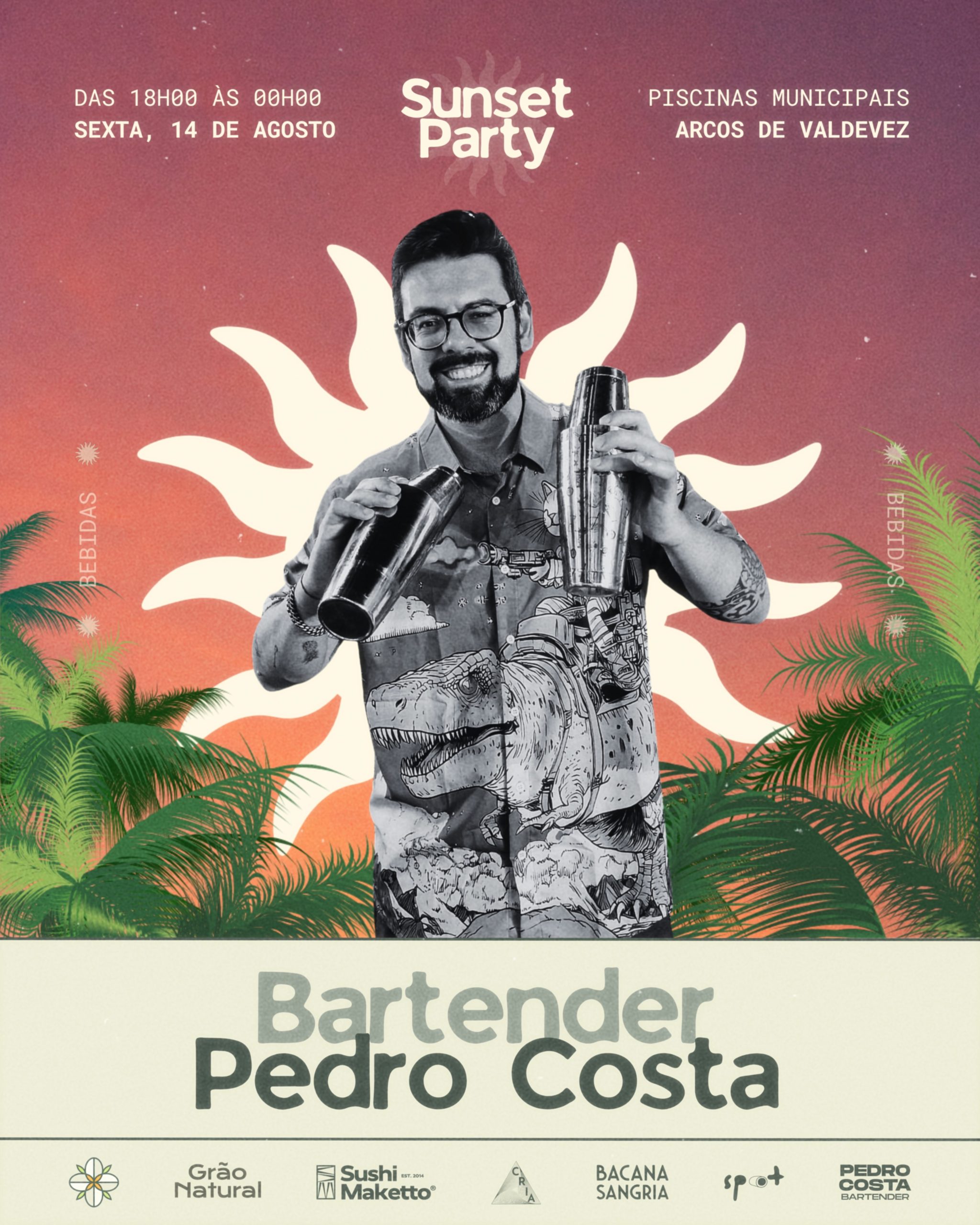 🥂🌞 Não há sunset sem um bom brinde. 

@pedrocosta_bartender e @bacanasangria serão os responsáveis pelos teus brindes no nosso Sunset Party! 🍹

Prepara-te para uma festa cheia de boa energia, com Dj’s, bebidas, sabores e muitas surpresas. ✨

Marca na agenda:

📅 14 de Agosto
🕕 18h00 às 00h00
📍 Piscinas Municipais de Arcos de Valdevez

Celebramos juntos os 7 anos do Grão Natural? 🎉

#graonatural #sunsetgraonatural #sunsetparty #festadeverão #arcosdevaldevez