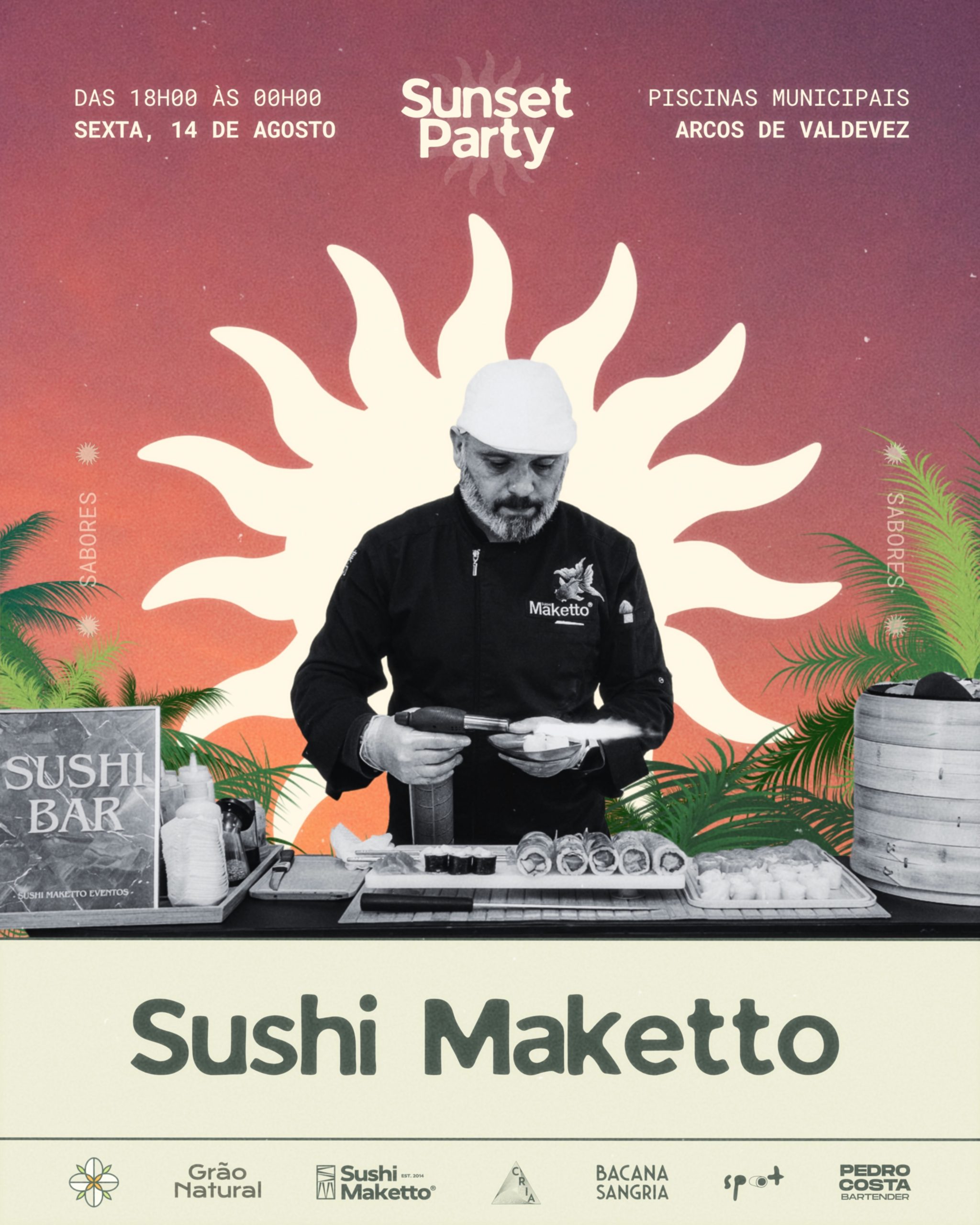 Entre um brinde e outro, há muito para provar. 😋🌅✨

O @sushimaketto já é presença obrigatória nos nossos sunsets e vai trazer os sabores que todos conhecem e adoram. 🍣😍

Se preferires algo mais clássico, os hambúrgueres do @graonaturalavv vão estar à tua espera, com opções tradicionais e vegetarianas. 🍔🌱

E, claro, não podiam faltar os doces: crepes e açaí bowls totalmente personalizáveis. 🥞🍓🍌

Tudo isto acompanhado por cocktails, sangrias, boa música e um pôr do sol inesquecível. 🍹✨

📍 Piscinas Municipais de Arcos de Valdevez
📅 14 de agosto
🕕 18h00–00h00

#sunsetparty #graonatural #festadeaniversário #arcosdevaldevez